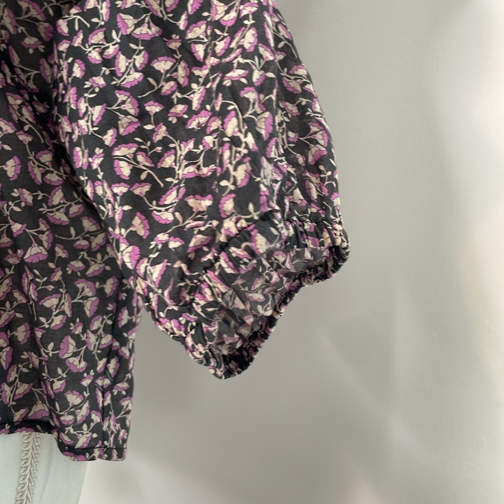 MCGUIRE Gray and Purple Floral Long Sleeve Cotton Peplum Blouse. Size Small. - Picture 6 of 12